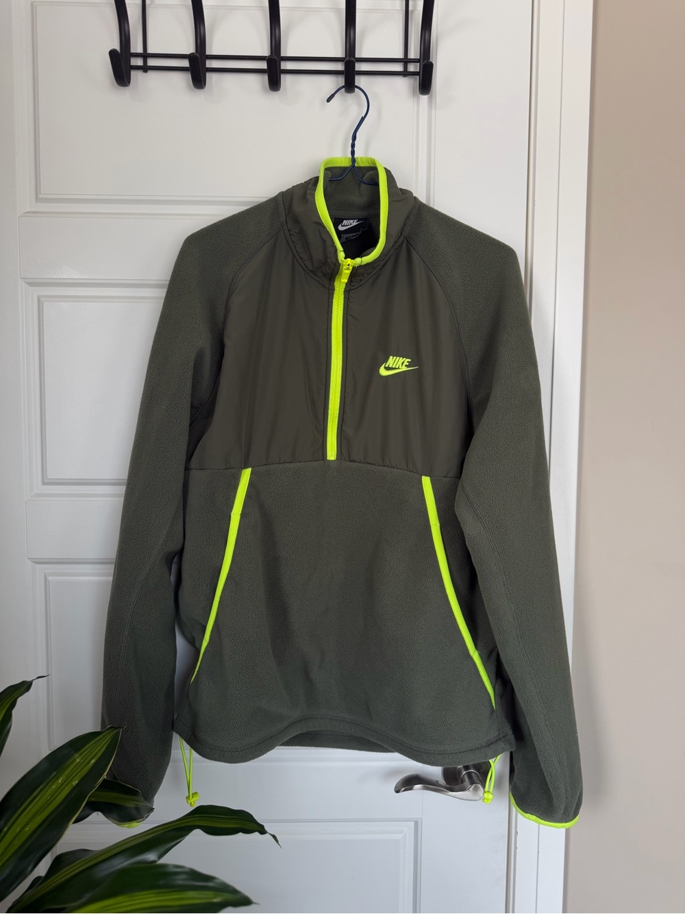 Nike Olive Green Fleece Half-Zip Jacket with Neon Yellow Trim